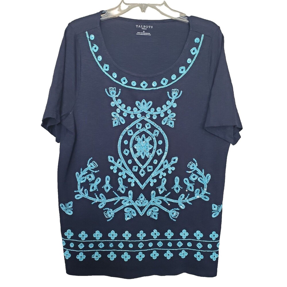 Talbots Woman Cotton Navy Turquoise-Sequined-Beaded Short Sleeve Tunic Size 1X